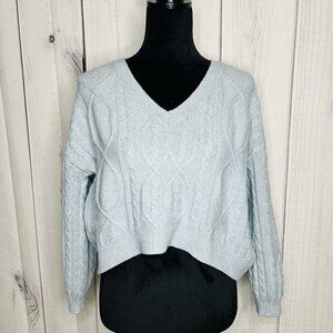 Windsor Cable Knit Cropped Sweater Sz M Light Blue Long Sleeve V-Neck